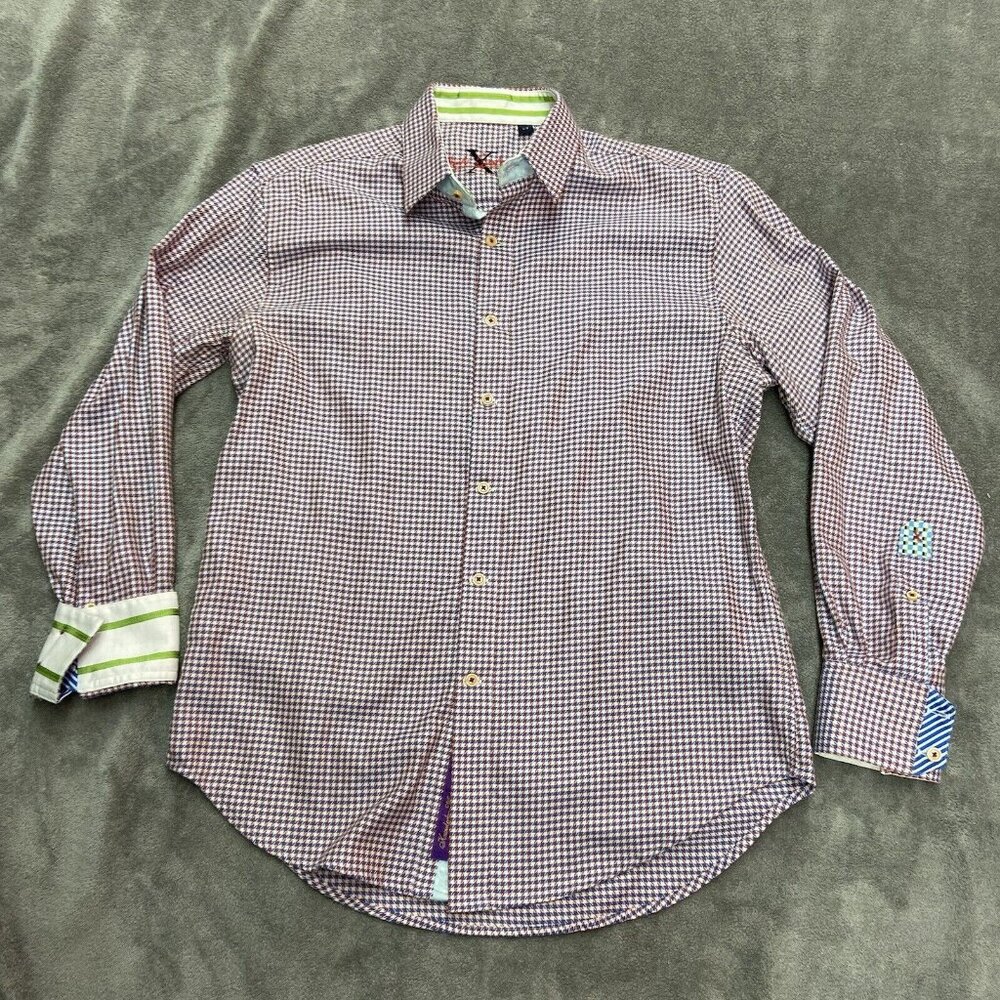 Robert Graham Button Up Shirt Mens Large‎ Flip Cuff Houndstooth Long Sleeve